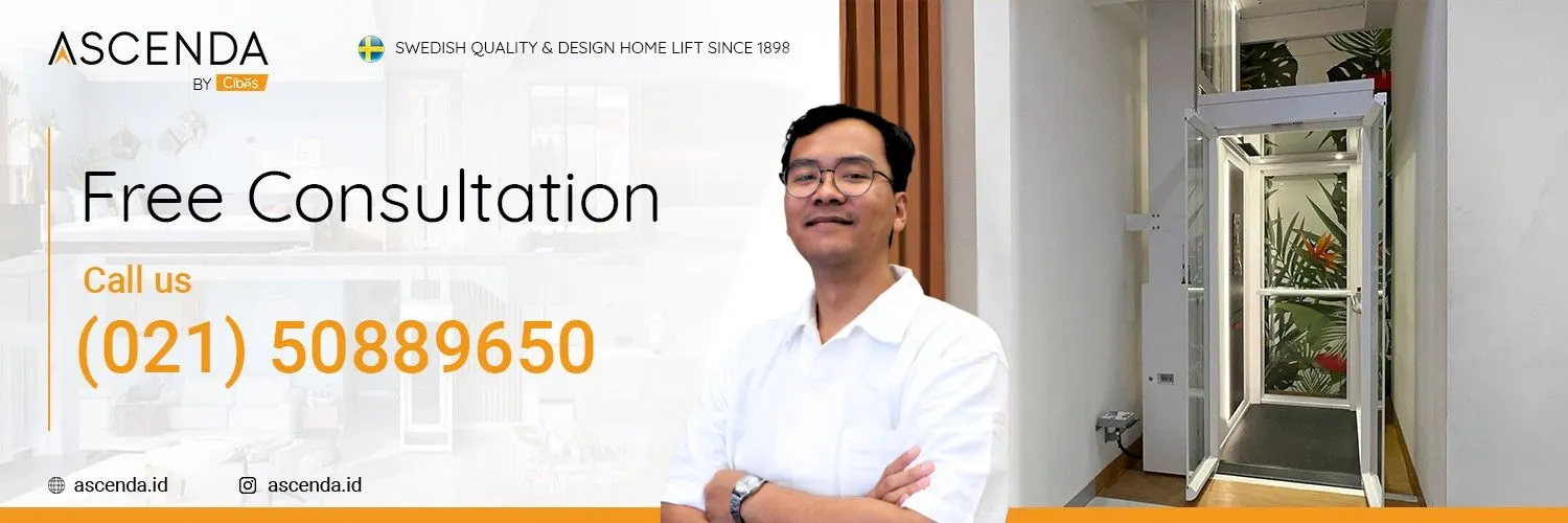 Alt text: Banner CTA konsultasi lift rumah Ascenda dengan nomor telepon, menampilkan lift rumah di latar dan ajakan free consultation untuk cek kebutuhan listrik rumah.