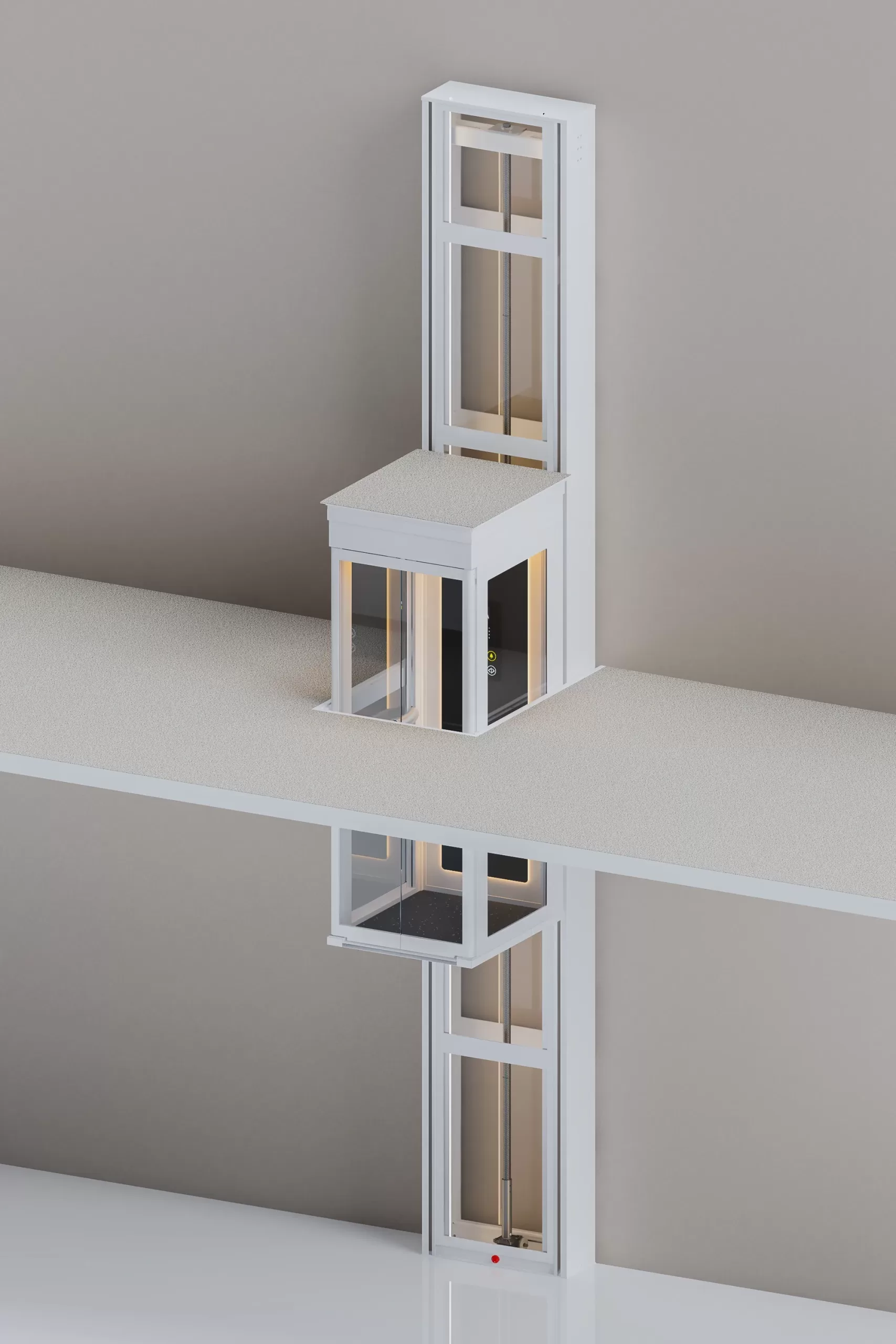 Ilustrasi instalasi lift rumah Ascenda dengan sistem screw-drive dan desain tanpa pit untuk rumah 2 lantai.