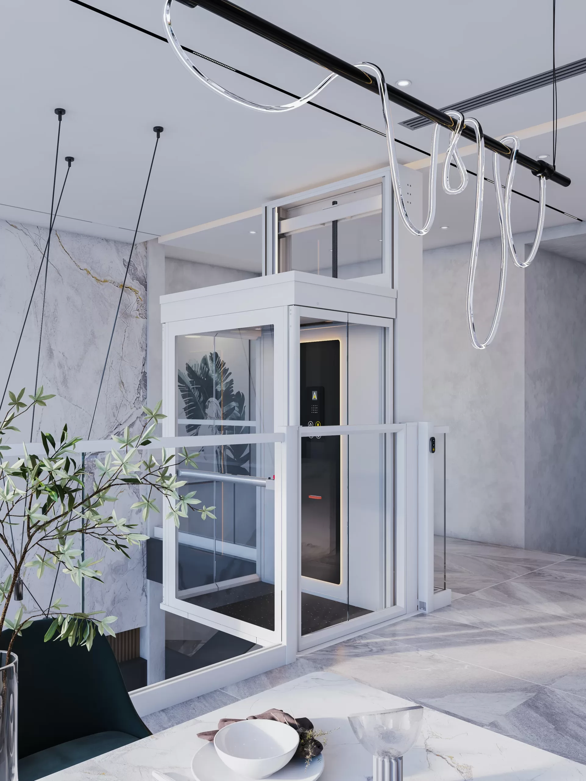 Ilustrasi instalasi lift rumah Ascenda dengan sistem screw-drive dan desain tanpa pit untuk rumah 2 lantai.