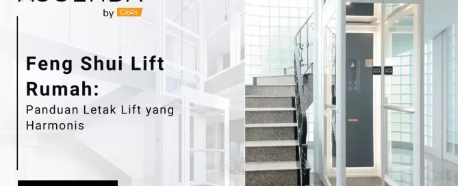 Hero banner Ascenda by Cibes: panduan feng shui lift rumah dengan foto lift kaca di dekat tangga dan tombol “Learn More”