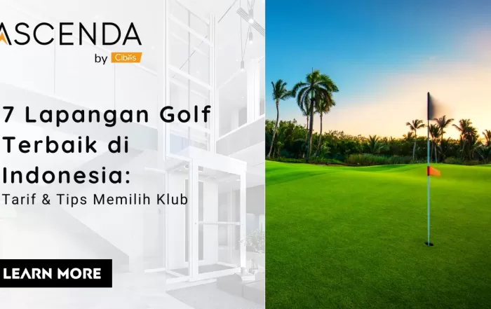 Hero banner Ascenda by Cibes untuk artikel 7 lapangan golf terbaik di Indonesia, menampilkan green golf dan judul panduan tarif.